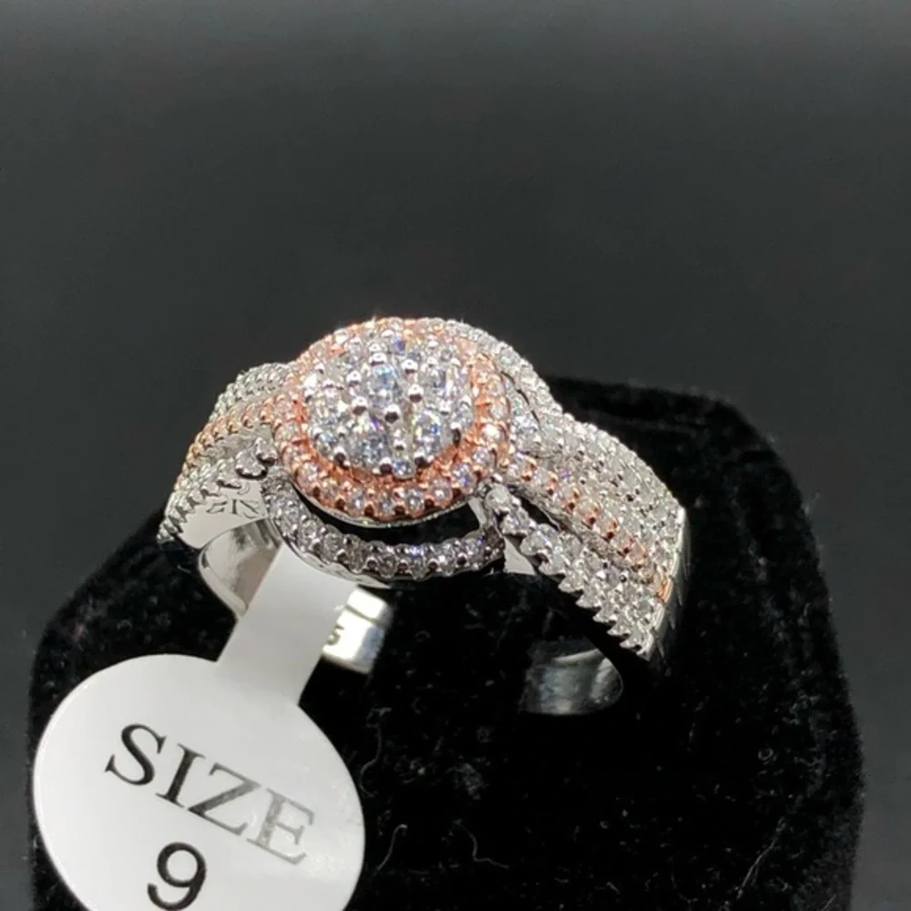 925 Sterling Silver Diamond Wedding Engagement Bridal 2 Band‎ Ring Set Sz 9